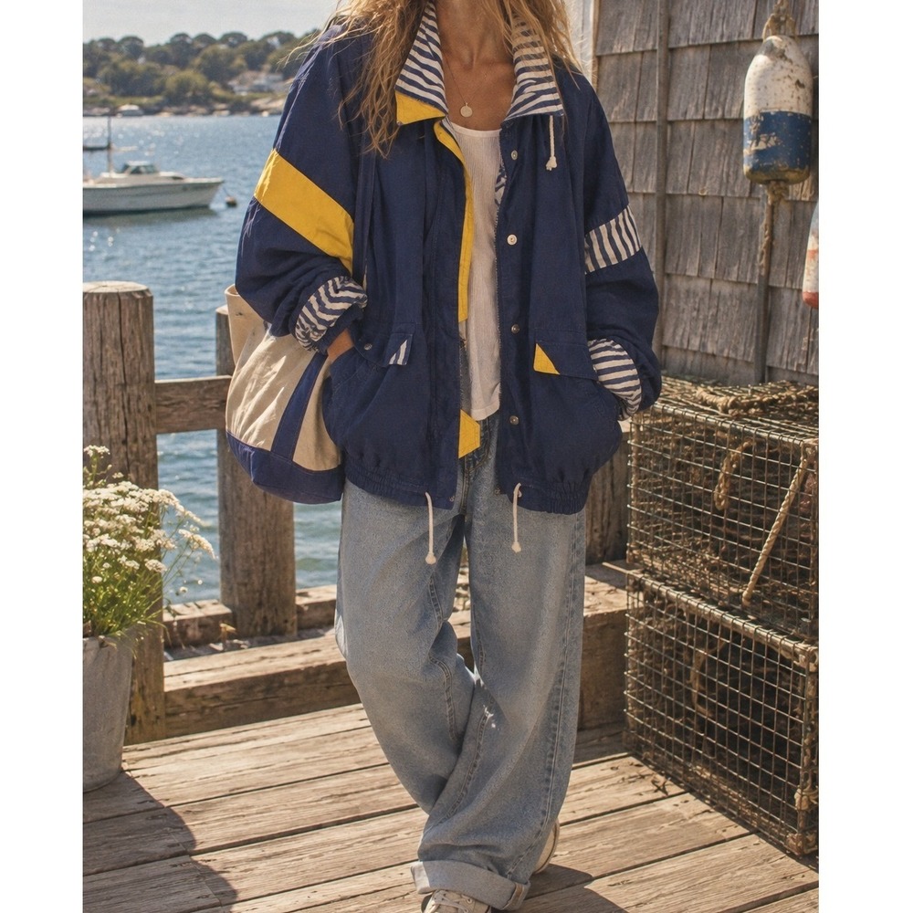 Vintage Women's Coastal Oversized Nautical Colorblock Windbreaker Navy Jacket- L